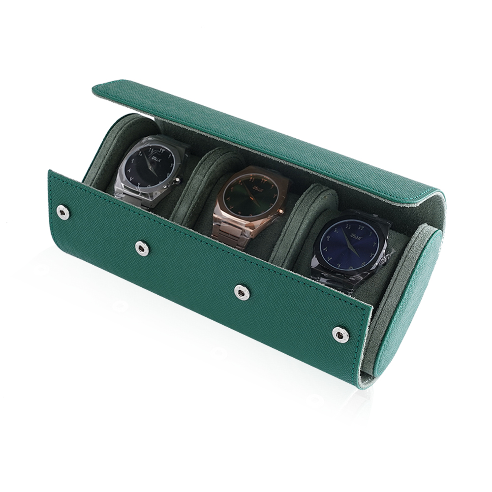Travel Leather Storage Bag for 3 Watches - Green / Light Green Velvet
