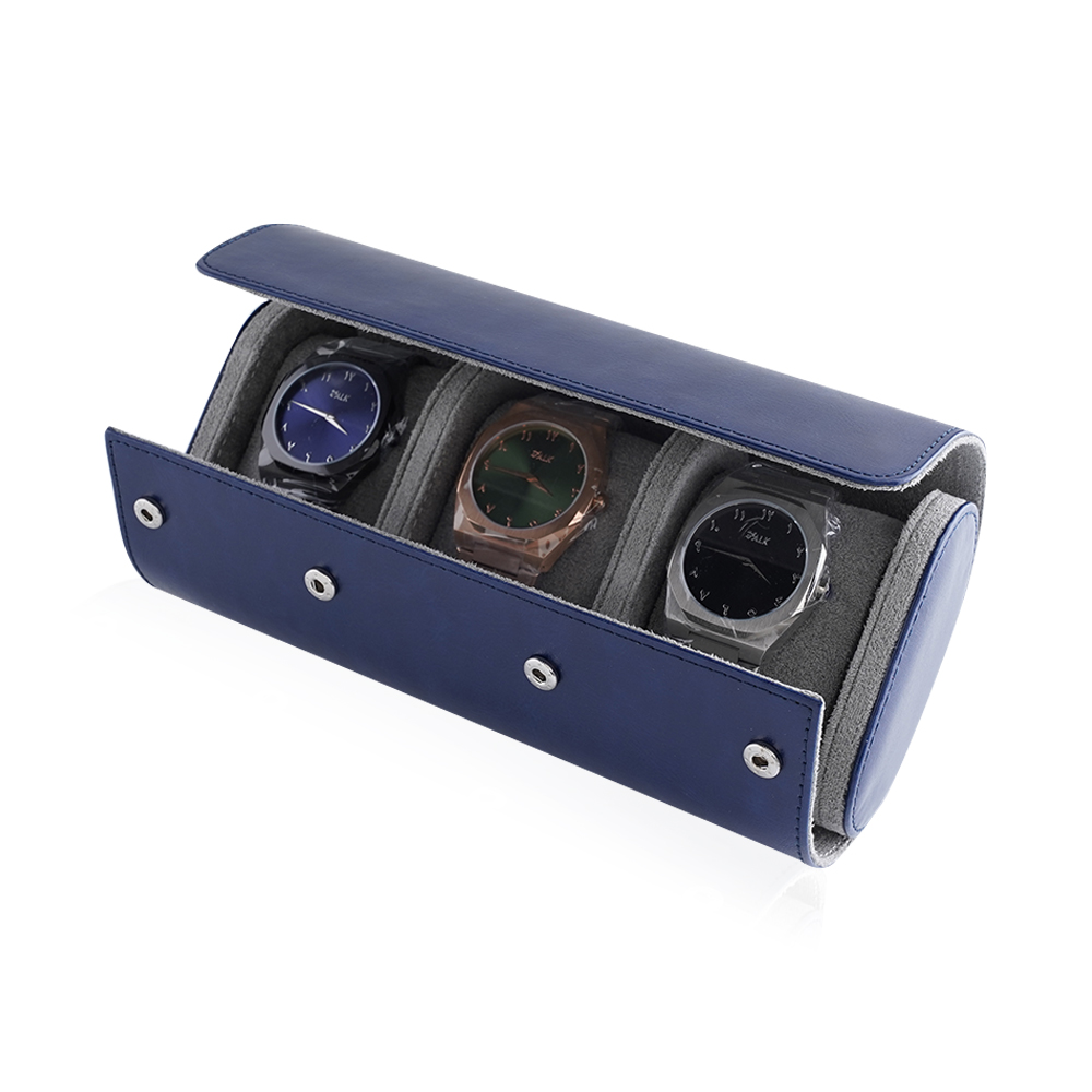 Travel Leather Storage Bag for 3 Watches - Blue / Gray Velvet