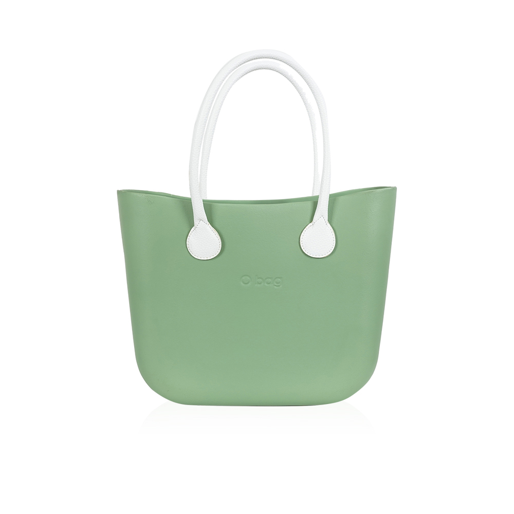 Classic Bag With Long Leather Handles - Sage Green With White
