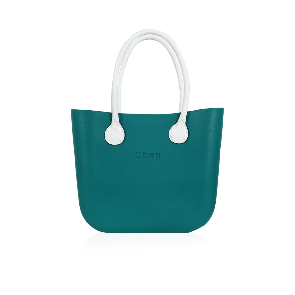 Classic Bag With Long Leather Handles - Petrol Green With White