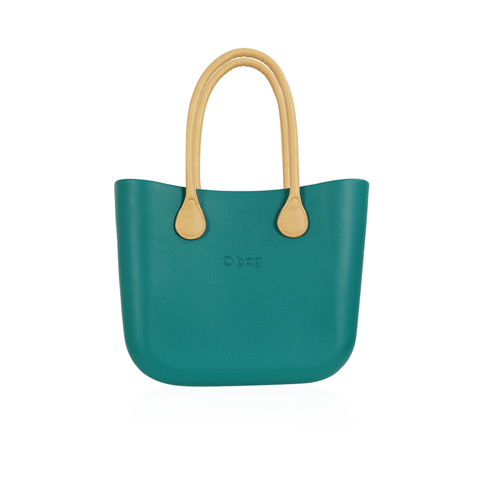 Classic Bag With Long Leather Handles - Petrol Green With Beige