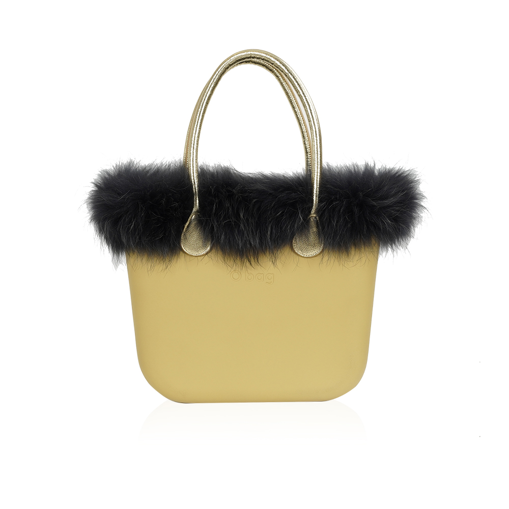 Bag With Golden Handles And Real Black Fur - Mustard With Black