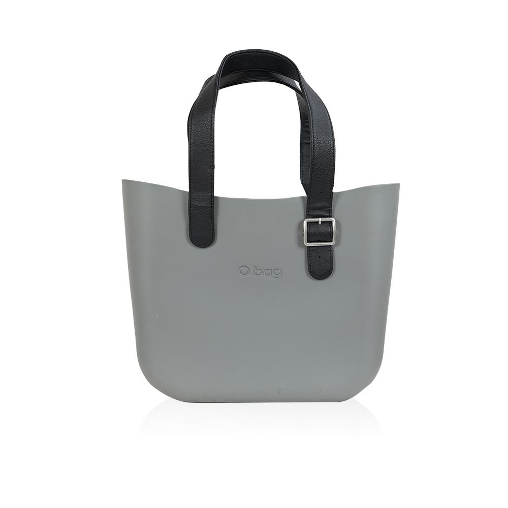 Bag With Black Clapsed Handles - Steel Grey With Black Leather 