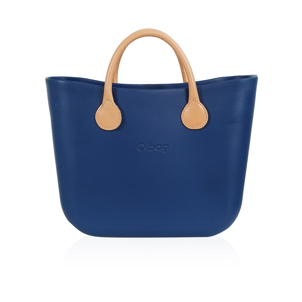 Classic Bag With Short Leather Handles - Navy Blue With Beige