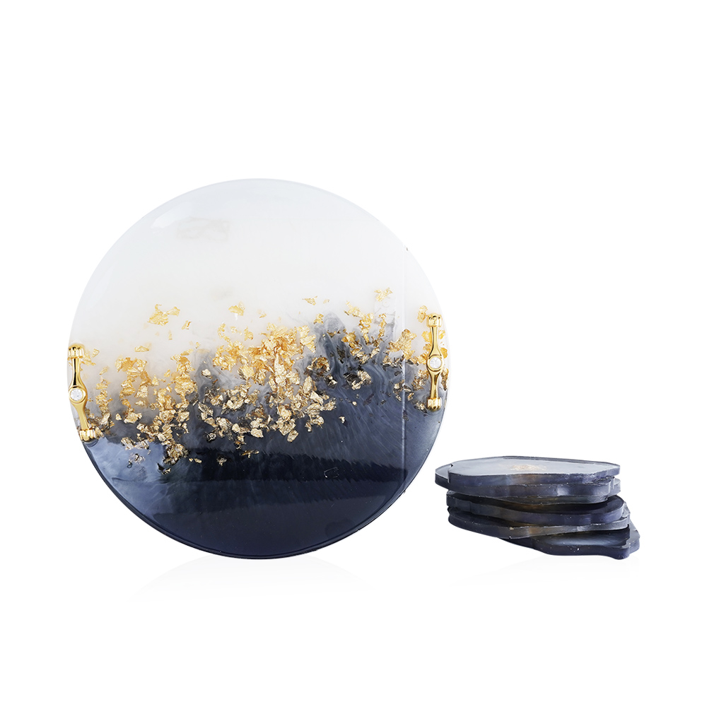 Circle Tray with Coasters - Off White / navy / gold leaf