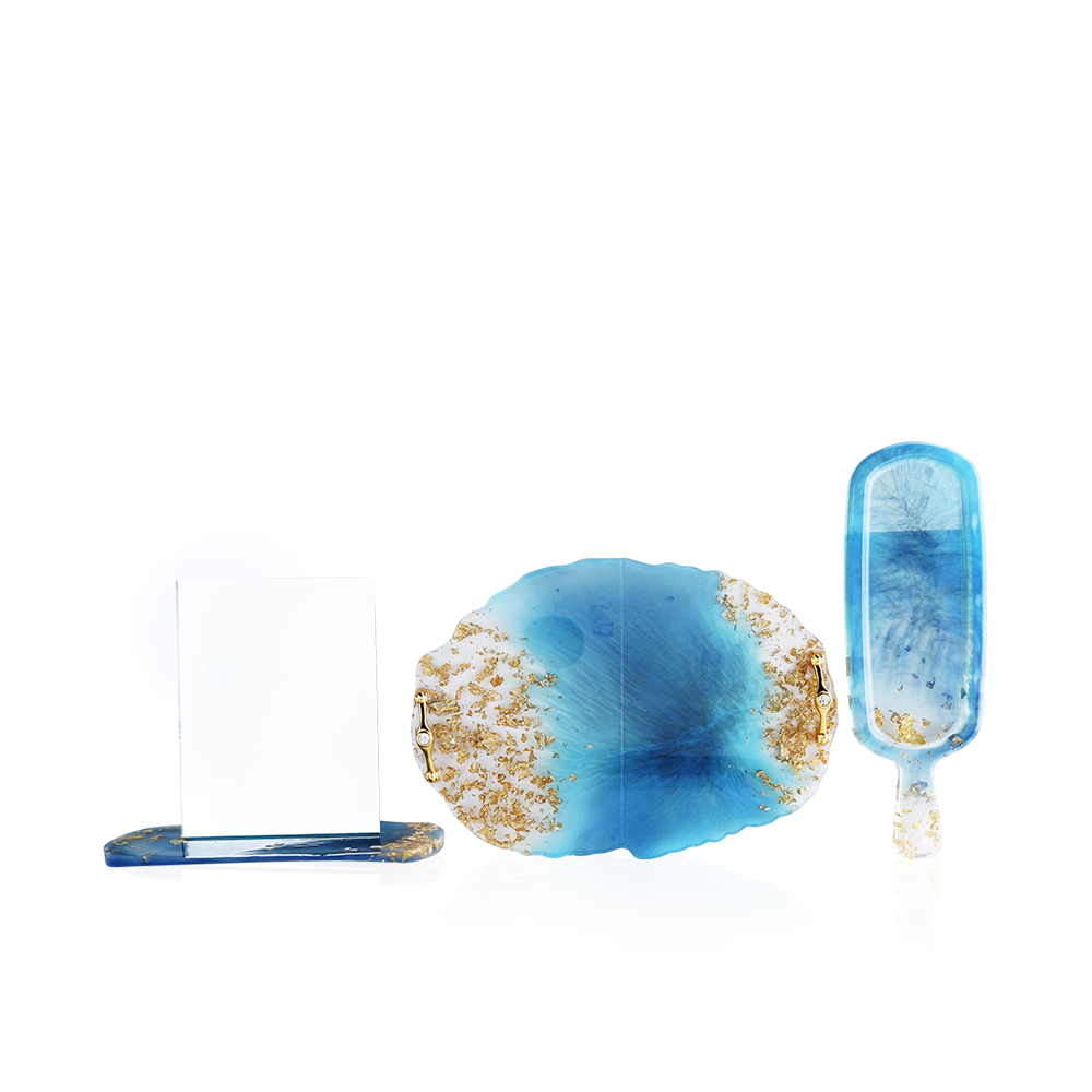 oval tray - serving stand - mirror with base - blue with gold paper