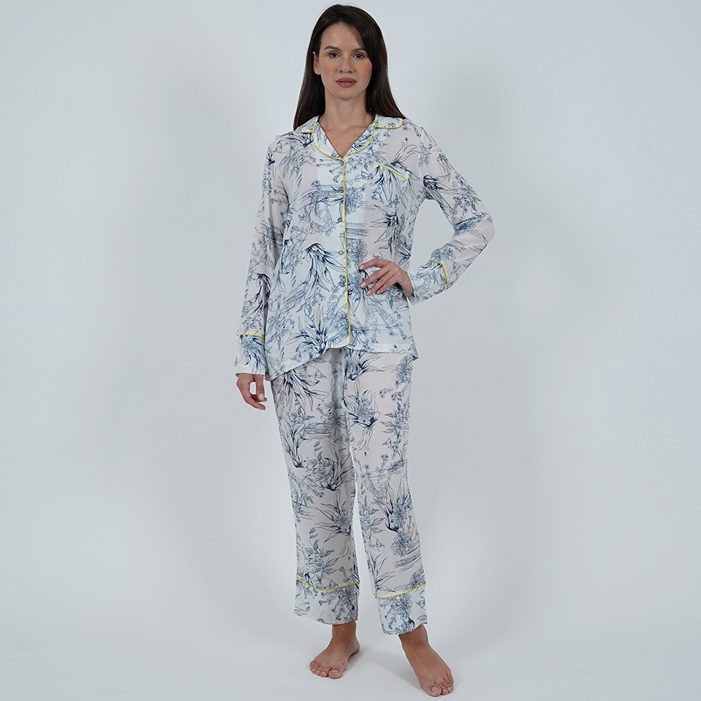 Long sleeve Pijama 2 Pcs - White With Blue