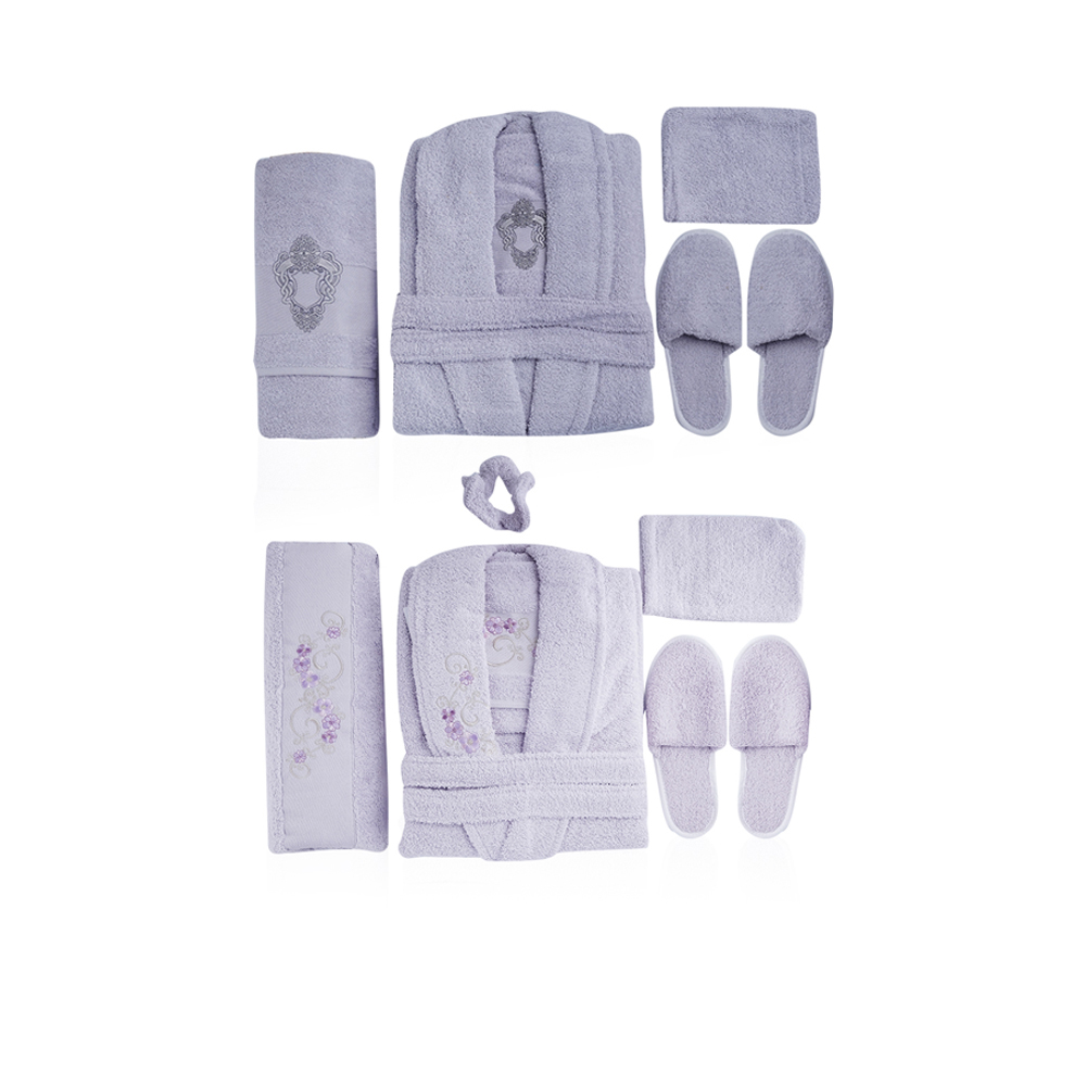 Al Fouz Turkish Bathrobe For Men and Women - 13 Pcs - Grey X Damson