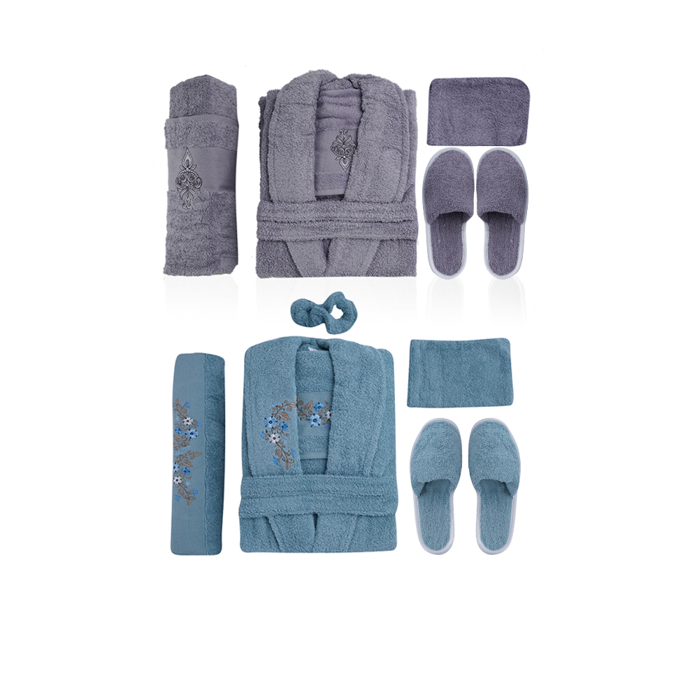 Al Fouz Turkish Bathrobe For Men and Women - 13 Pcs - Dark Grey X Green