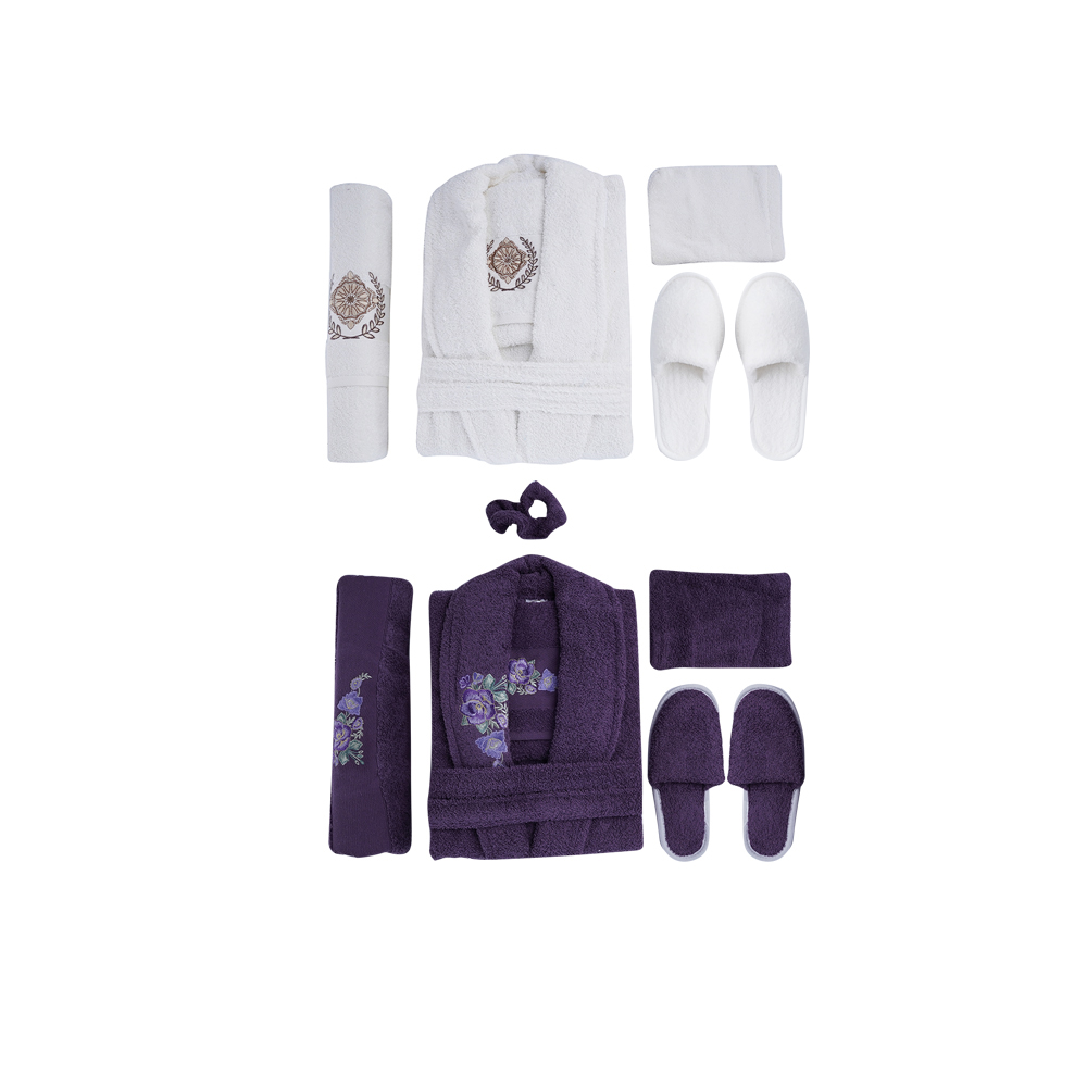 Al Fouz Turkish Bathrobe For Men and Women - 13 Pcs - Dark Lilac X Cream