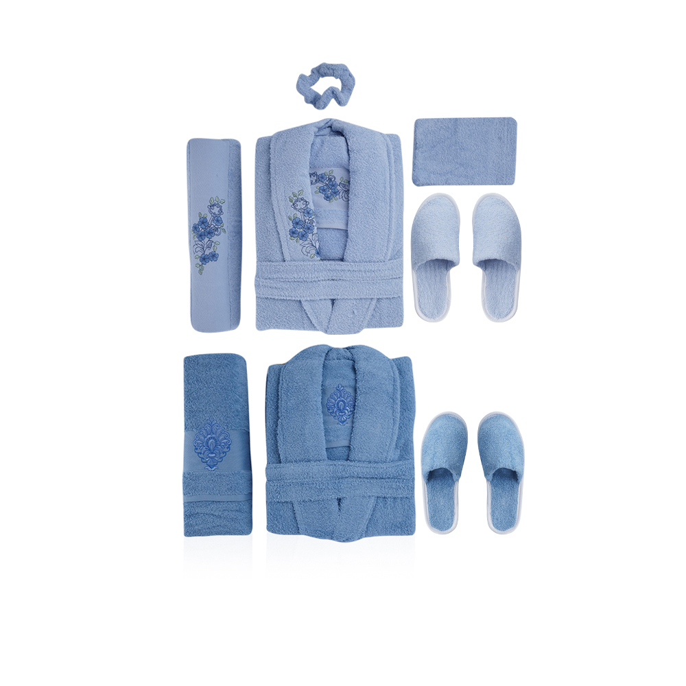 Al Fouz Turkish Bathrobe For Men and Women - 13 Pcs - Blue X Light Blue