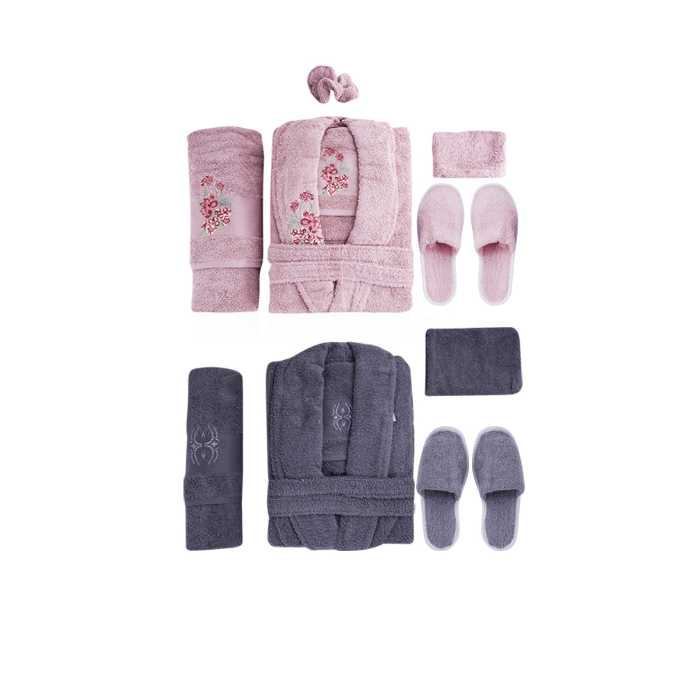 Al Fouz Turkish Bathrobe For Men and Women - 13 Pcs - Dark Grey X Dark Rose