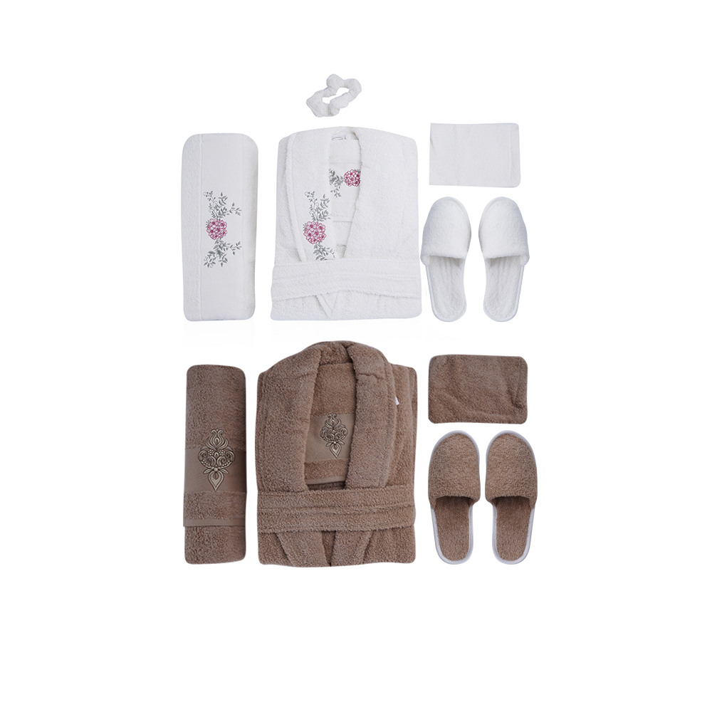 Al Fouz Turkish Bathrobe For Men and Women - 13 Pcs - Coffee X Cream