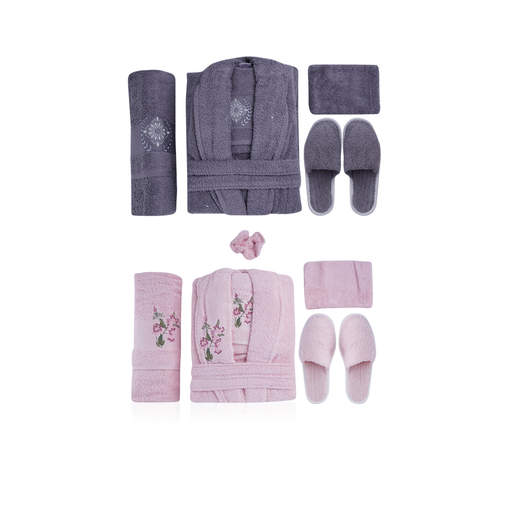Al Fouz Turkish Bathrobe For Men and Women - 13 Pcs - Dark Grey X Rose