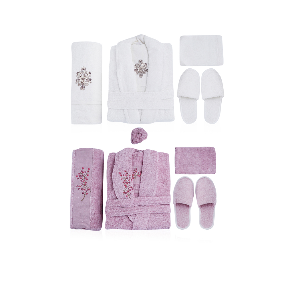 Al Fouz Turkish Bathrobe For Men and Women - 13 Pcs - Cream X Dark Damson