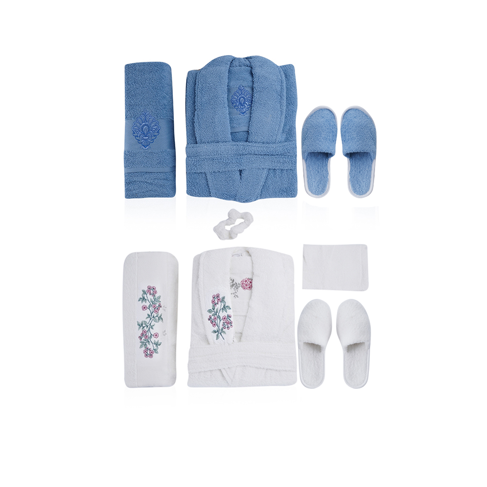 Al Fouz Turkish Bathrobe For Men and Women - 13 Pcs - Blue X Cream