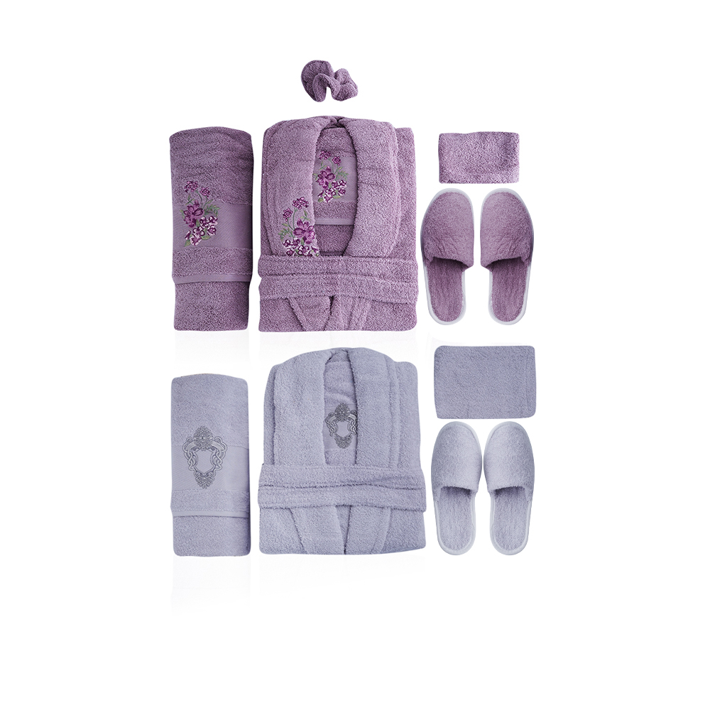 Al Fouz Turkish Bathrobe For Men and Women - 13 Pcs - Grey X Light Lilac
