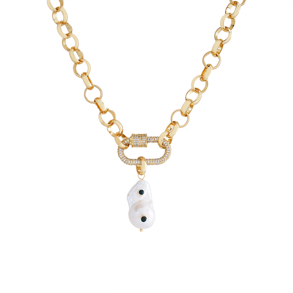 Chunky chain necklace with pearl drop - Gold - Free Size