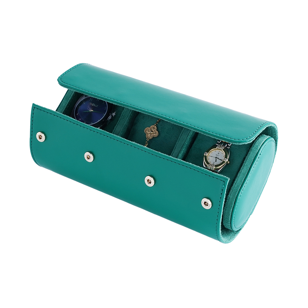 Travel Leather Storage Bag for 3 Watches - Green / Green Velvet