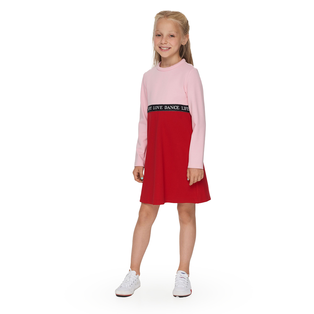 Volumized Sleeves Combined Dress - Pink & Red  