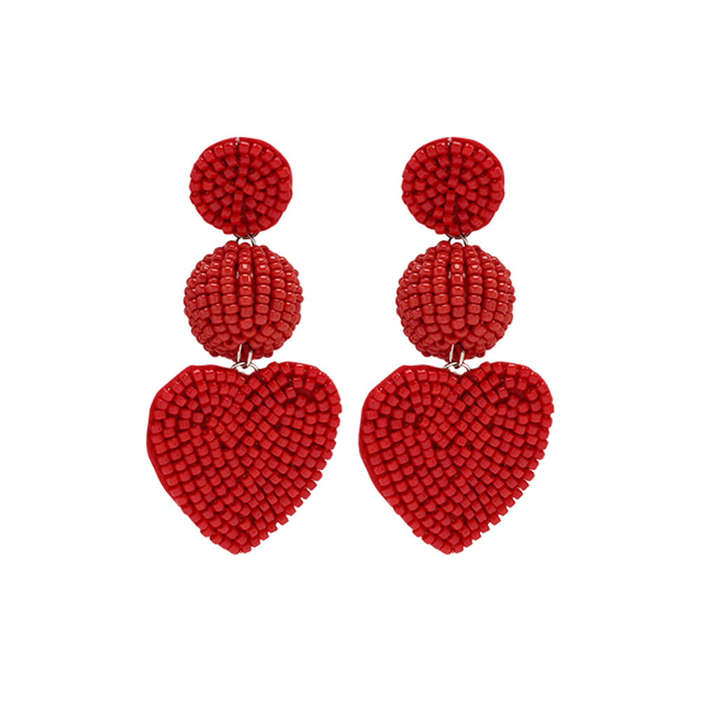 Heart Seed Beaded Earrings - Red
