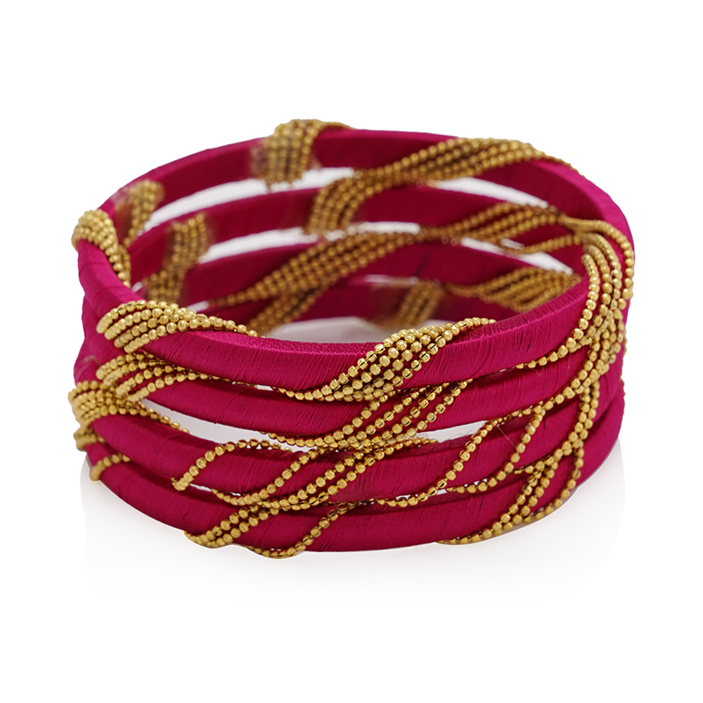 Chains Decorated Bangles Set Of 4Pcs - Hot Pink