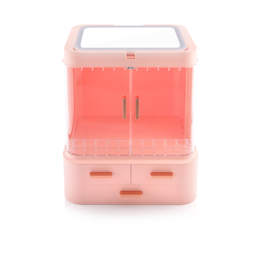Victoria Square Cosmetic Storage Box With Mirror & LED - Pink