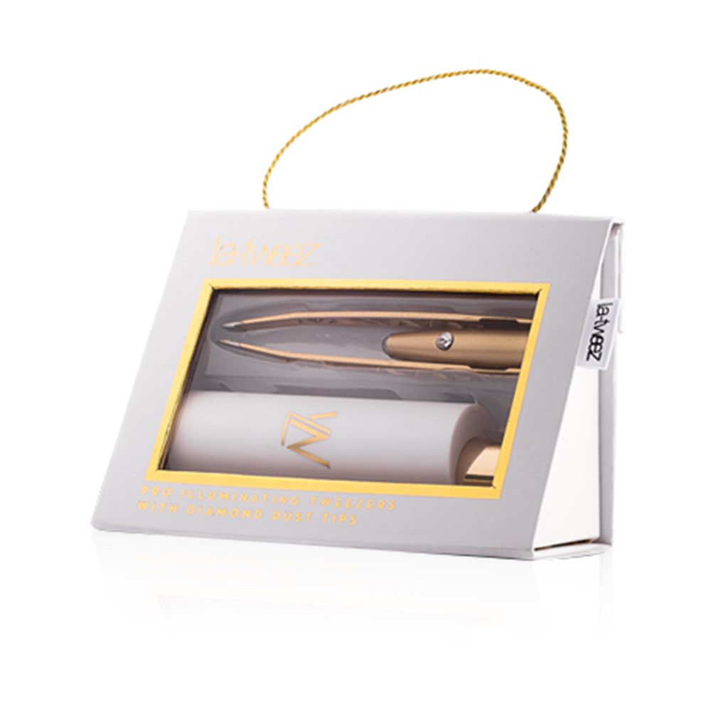 Pro Illuminating Tweezers Gold Painted With Diamond Dust Tips & Carry Case 