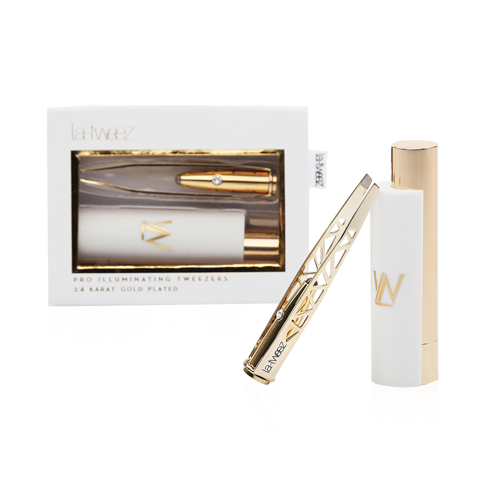 Pro Illuminating Tweezers & Mirrored Carry Case 24k Gold Plated