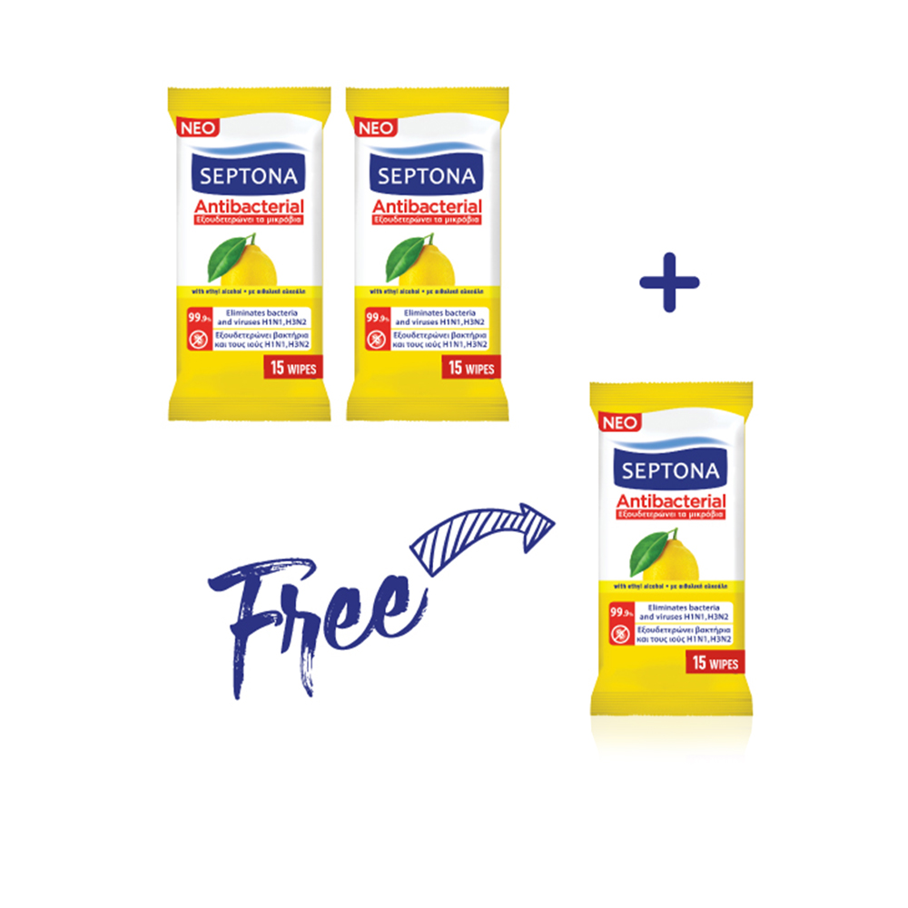Antibacterial Wipes With Lemon 15 Pieces (2+1 Free)
