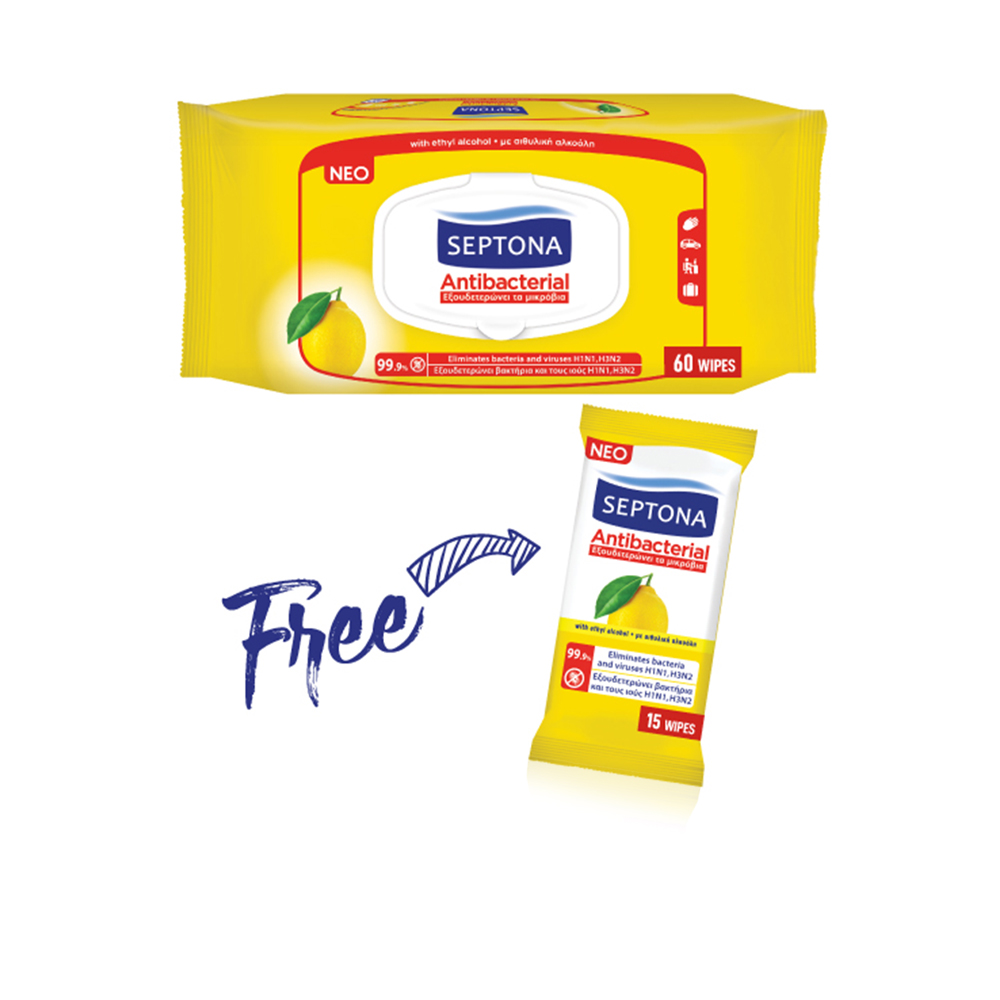 Antibacterial Wipes With Lemon 60 Wipes + 15 Wipes Free      