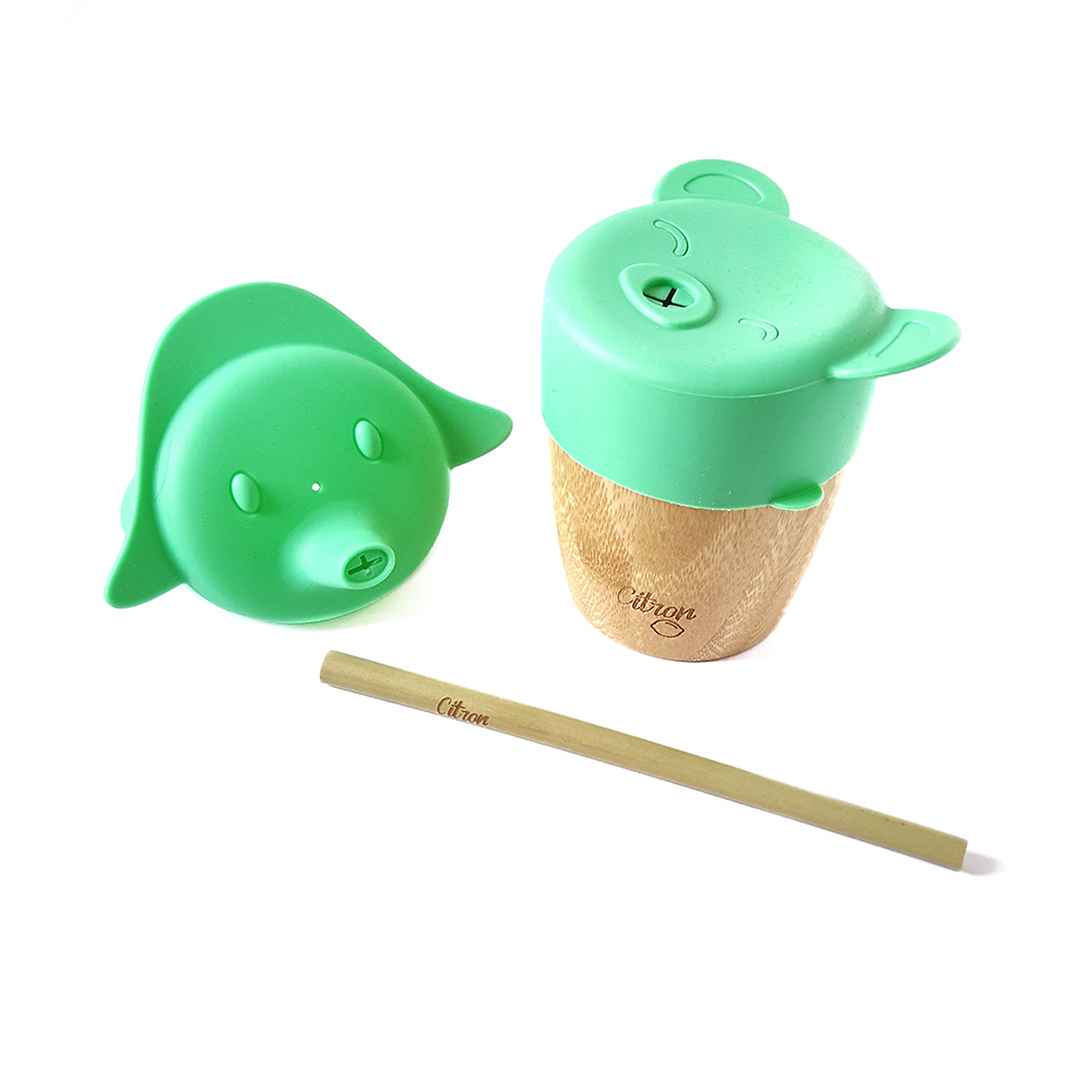 Bamboo Cup With 2 Lids And Straw ‐ Green