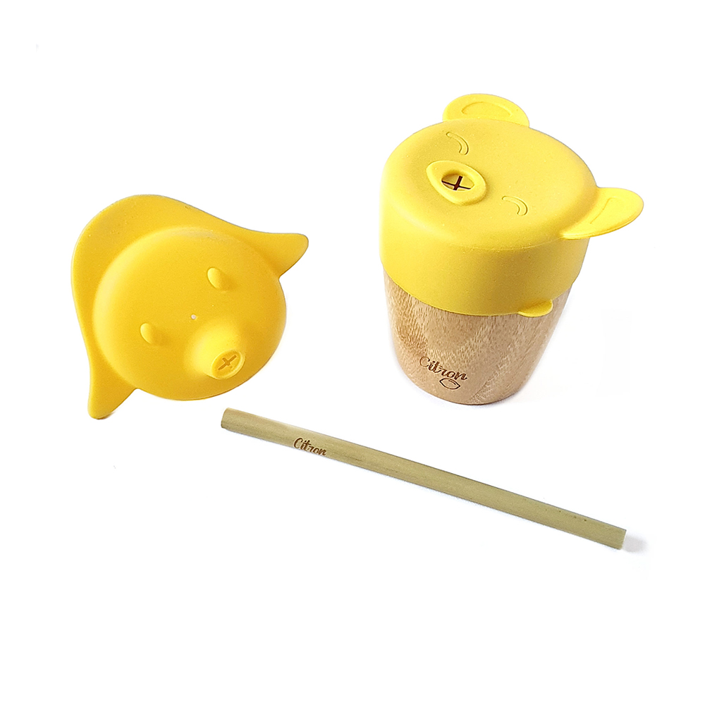 Bamboo Cup With 2 Lids And Straw ‐ Yellow