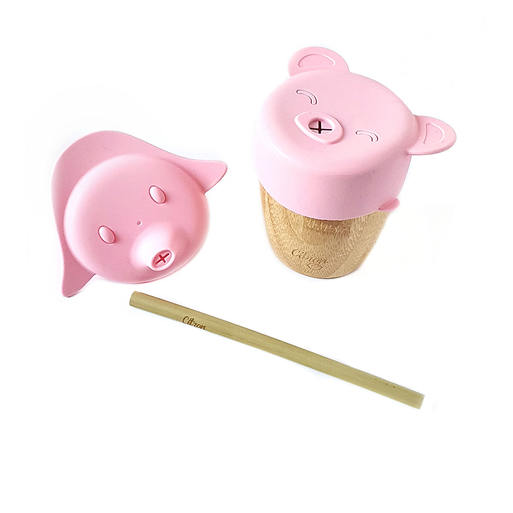 Bamboo Cup With 2 Lids And Straw ‐ Pink   