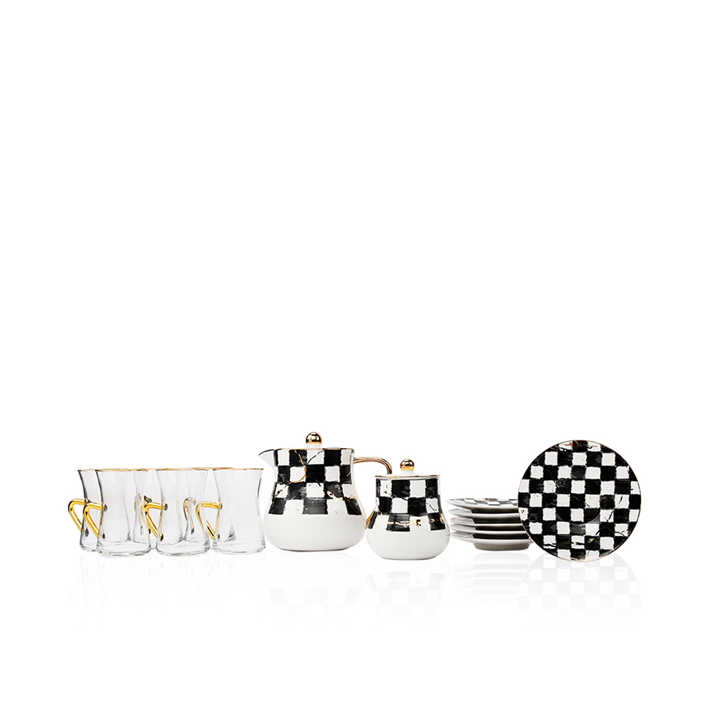 Set Of 6 Tea Cup, 6 Saucers, 1 Tea Pot And Saucer Bowl Chess Design Basic Selection - Et1089