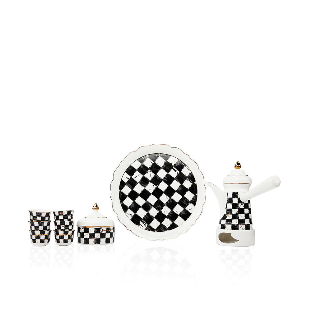 Set Of 6 Cawa Cup, Coffee Pot, Date Bowl And Tray Chess Design Basic Selection - Et1090