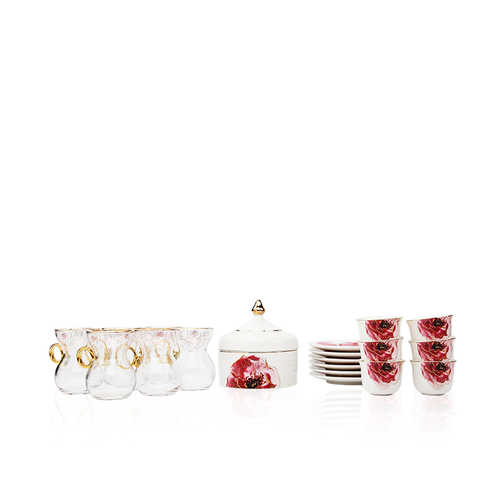 Set Of 6 Tea Cup , 6 Saucers, 6 Gahwa Cup And Date Bowl Floral Design Camillia Collection - Et1100