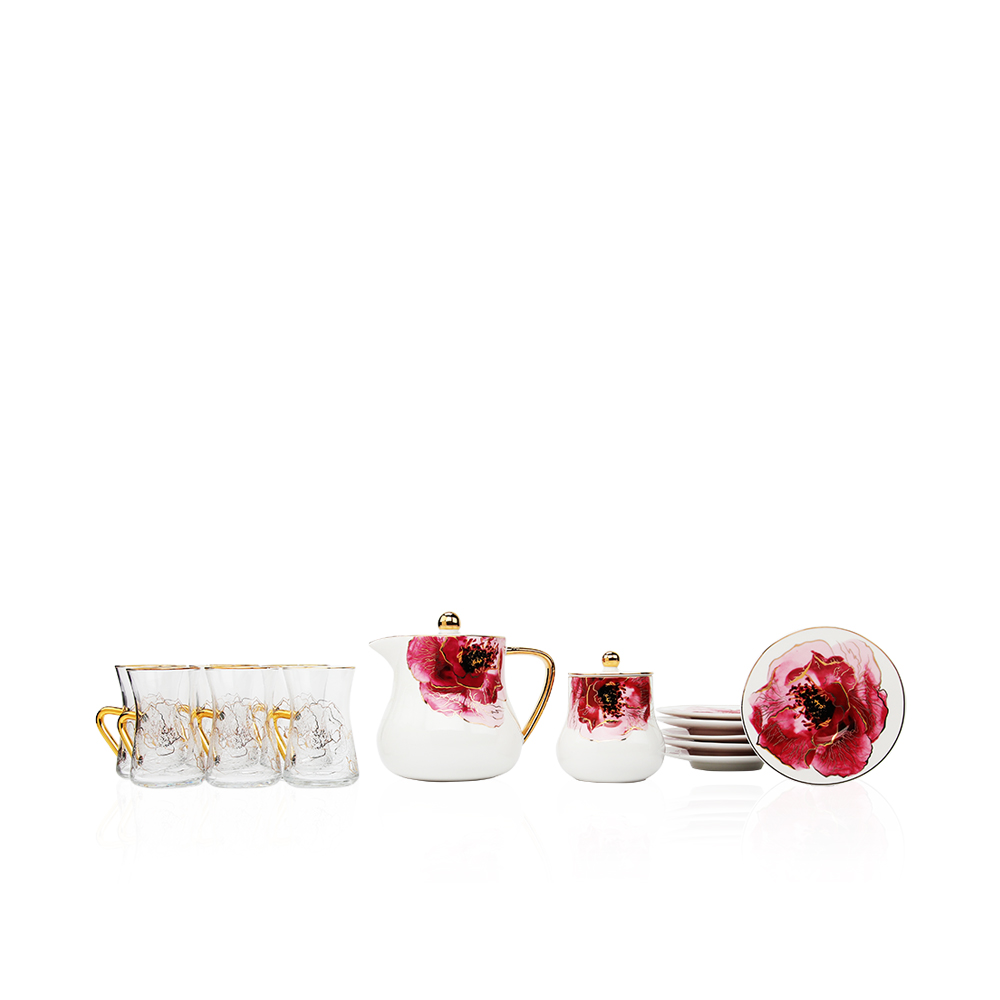 Set Of 6 Tea Cup, 6 Saucers, 1 Tea Pot And Saucer Bowl Floral Design Camillia Collection - Et1103