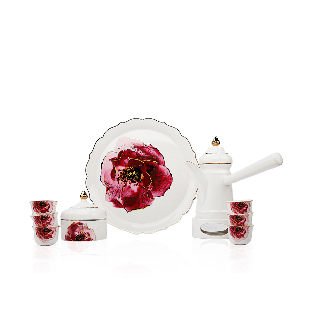 Set Of 6 Gahwa Cup, Coffee Pot, Date Bowl And Tray Floral Design Camillia Collection - Et1105
