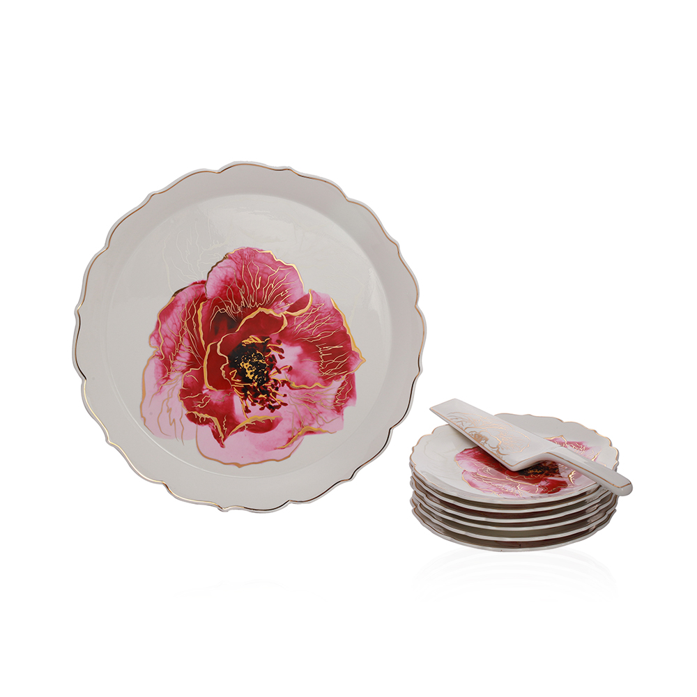 Set Of 6 Small Plate,1 Big Plate And Knife Of Porcelain Floral Design Camillia Collection - Et1108