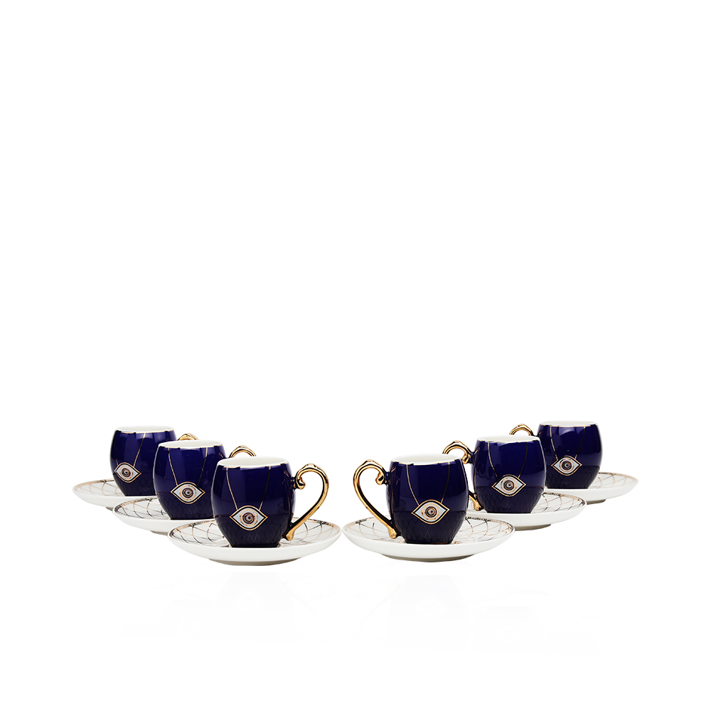 Set Of 6 Coffee Cup And 6 Saucer Eye Design Nazar Bochnq - Et1121