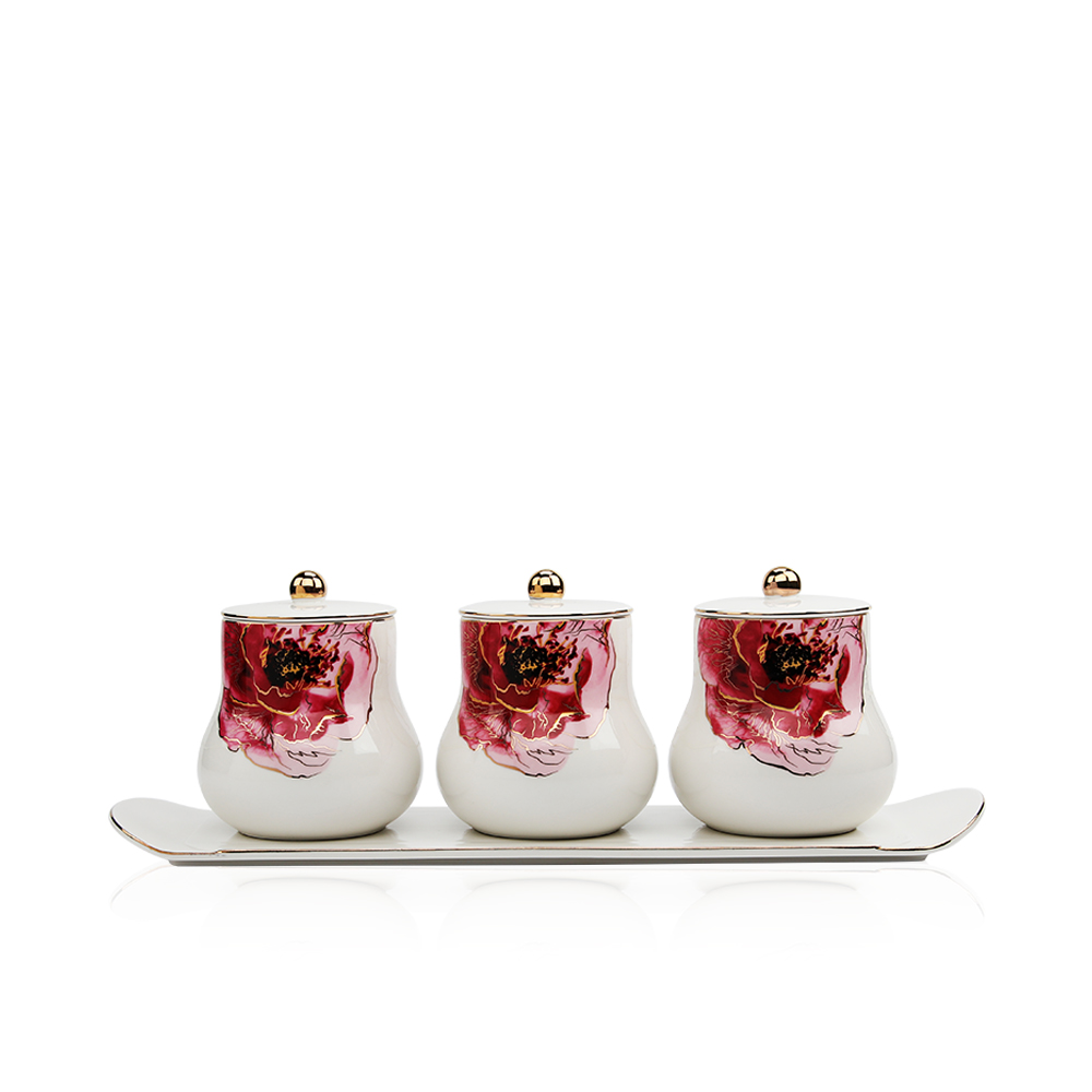 3 Porcelain Canisters And 1 Tray Lily Collection - Et1149