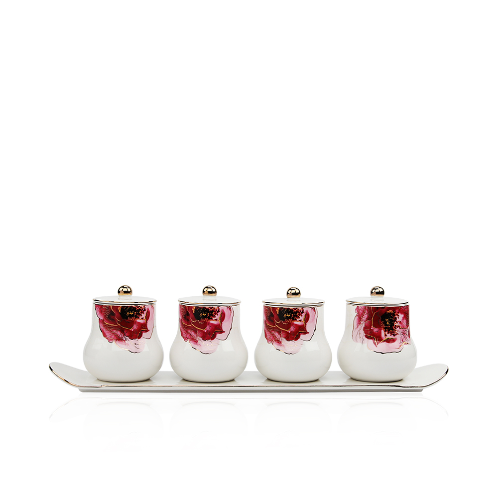 4 Porcelain Canisters And 1 Tray Camillia Collection - Et1147