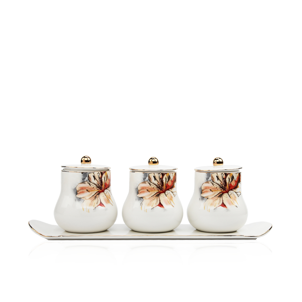 3 Porcelain Canisters And 1 Tray Lily Collection - Et1148