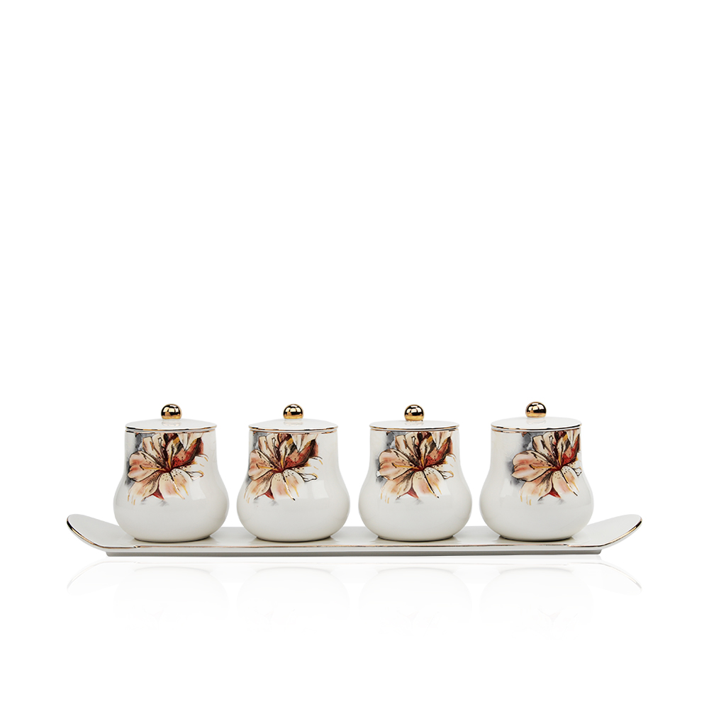 4 Porcelain Canisters And 1 Tray Camillia Collection - Et1146