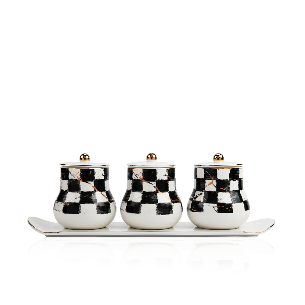 3 Porcelain Canisters And 1 Tray Basic Selection - Et1150