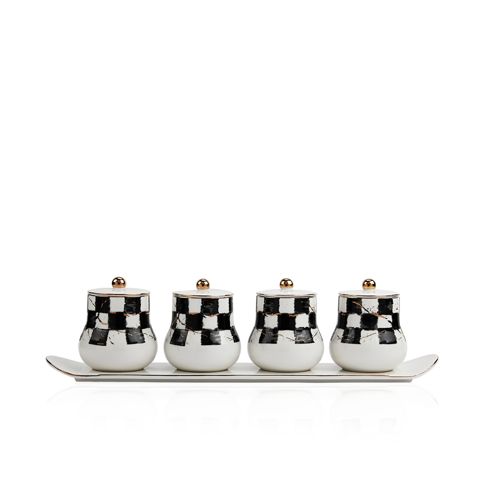 4 Porcelain Canisters And 1 Tray Basic Selection - Et1151