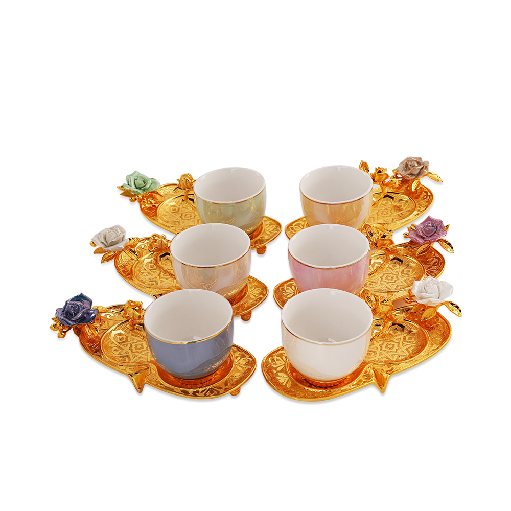 Set Of 6 Coffee Cups And 6 Saucers - Gold - Lo0003