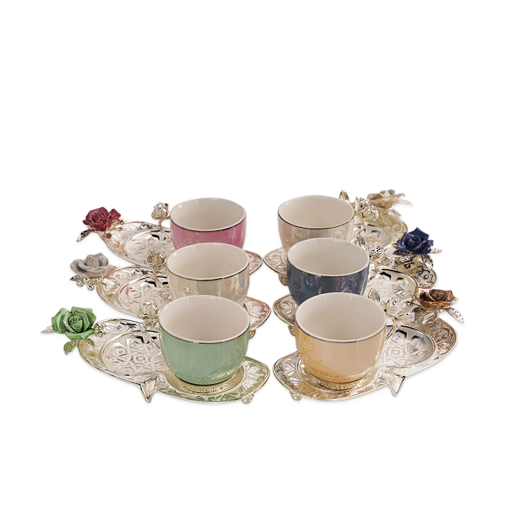 Set Of 6 Coffee Cups And 6 Saucers - Silver - Lo0003 A