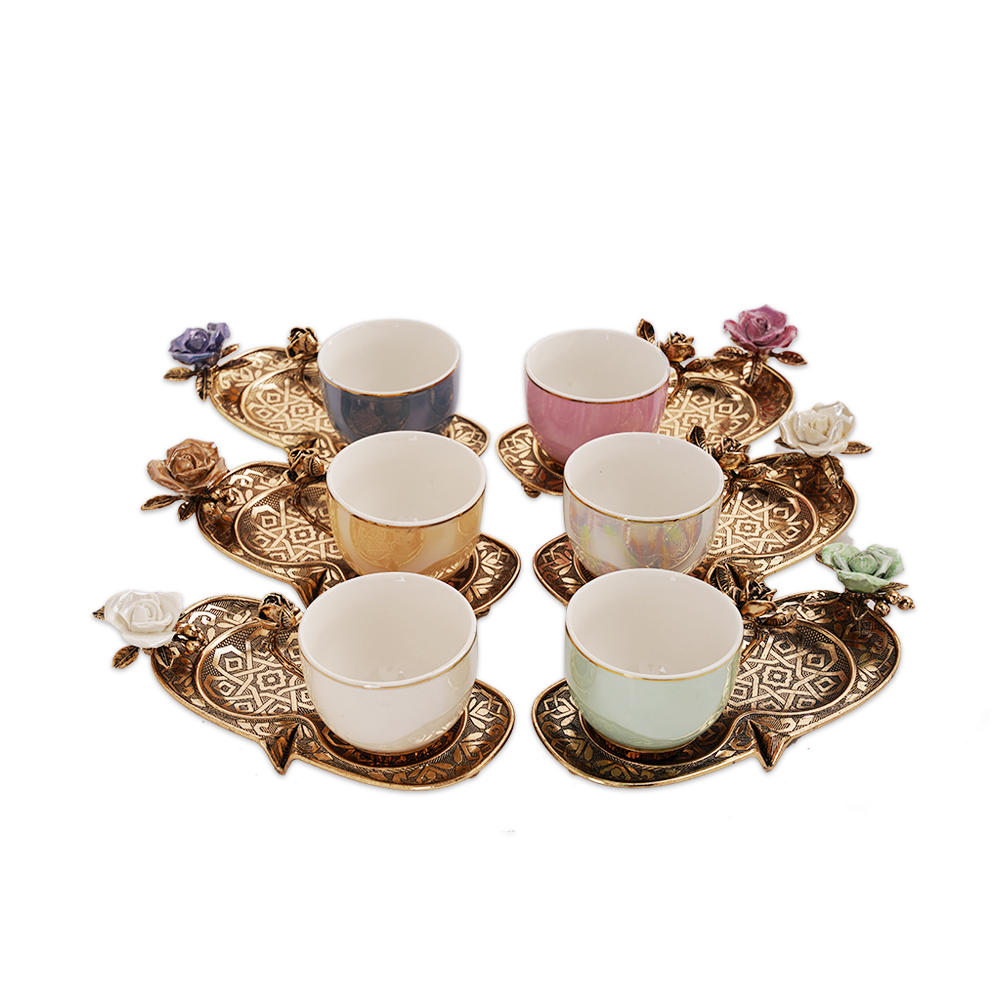 Set Of 6 Coffee Cups And 6 Saucers - Gold - Lo0003 A